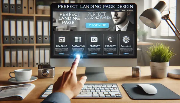 Tampilan layar komputer dengan desain landing page yang sempurna, menampilkan lima elemen penting