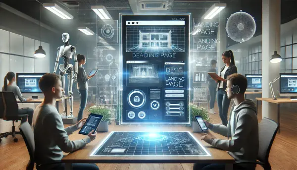 Tim desainer dengan suasana futuristik yang sedang menggunakan perangkat digital untuk merancang landing page