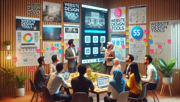 Tim kecil desainer website yang sedang berdiskusi tentang lima alat desain website, dengan suasana kolaboratif dan dinamis di ruang kerja mereka
