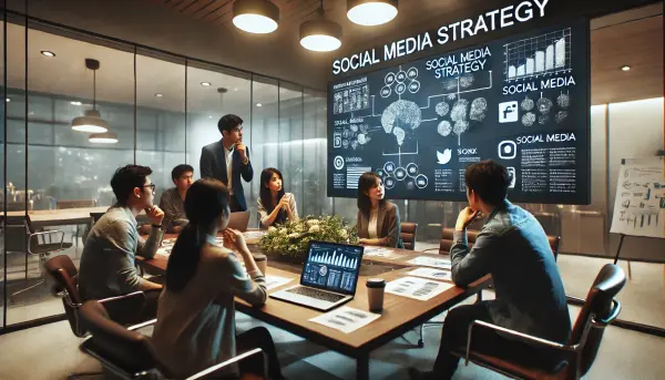 Tim pemasaran Indonesia sedang berdiskusi di ruang rapat modern dengan suasana kerja yang profesional dan kolaboratif