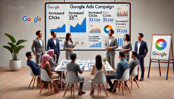 Tim pemasaran dari berbagai daerah di Indonesia sedang berdiskusi di depan papan presentasi yang menampilkan hasil kampanye Google Ads