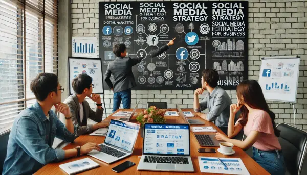 Tim pemasaran digital asal Jakarta, Indonesia, sedang berdiskusi di ruang rapat tentang strategi media sosial untuk bisnis mereka