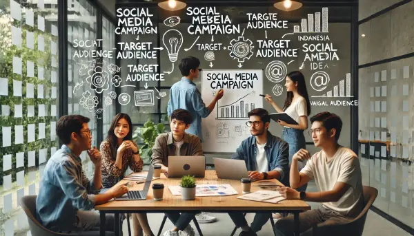 Tim pemasaran kreatif asal berbagai daerah di Indonesia sedang melakukan brainstorming di ruang kerja modern