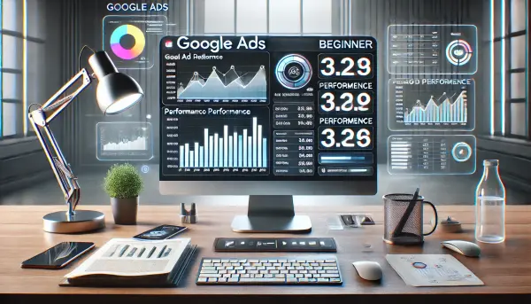 Visualisasi desktop kerja modern dengan seorang pemula asal Indonesia yang sedang menganalisis performa iklan di dashboard Google Ads
