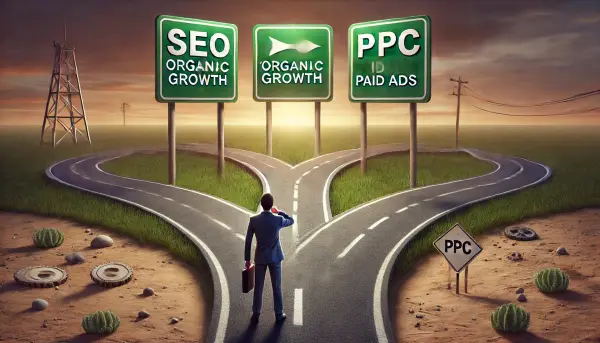 Visualisasi grafis dua jalan bercabang satu menuju SEO dengan tanda 'Pertumbuhan Organik' dan satu lagi menuju PPC dengan tanda 'Iklan Berbayar'