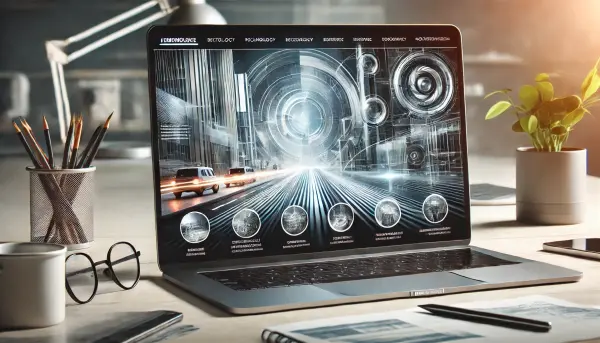 Website korporat dengan desain berfokus pada teknologi canggih dan profesionalisme, dengan latar belakang yang menampilkan elemen-elemen 3D