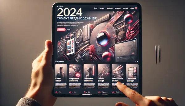 Website portofolio kreatif seorang desainer grafis di tahun 2024, dengan tata letak unik yang menonjolkan individualitas dan tetap mempertahankan fungsionalitas