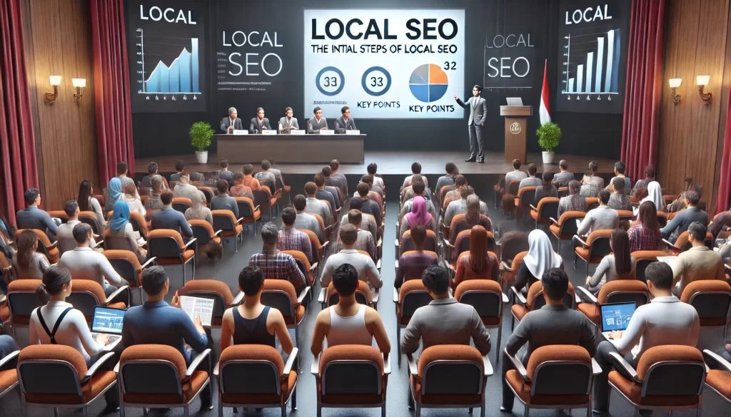 Grup pemula yang sedang mengikuti seminar tentang Local SEO, dengan seorang pembicara di depan yang menjelaskan langkah-langkah awal