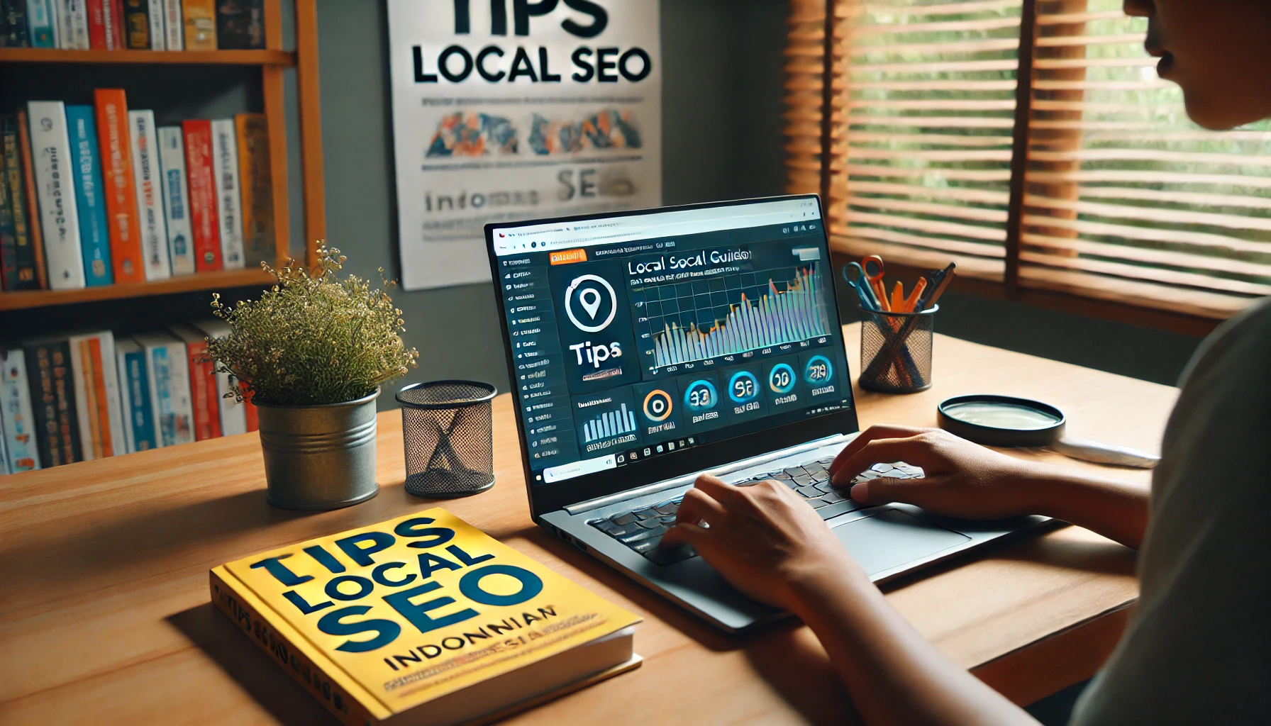 Sebuah meja kerja rapi dengan laptop terbuka menampilkan dashboard analitik Local SEO, di mana seorang pemula asli Indonesia sedang fokus melihat data