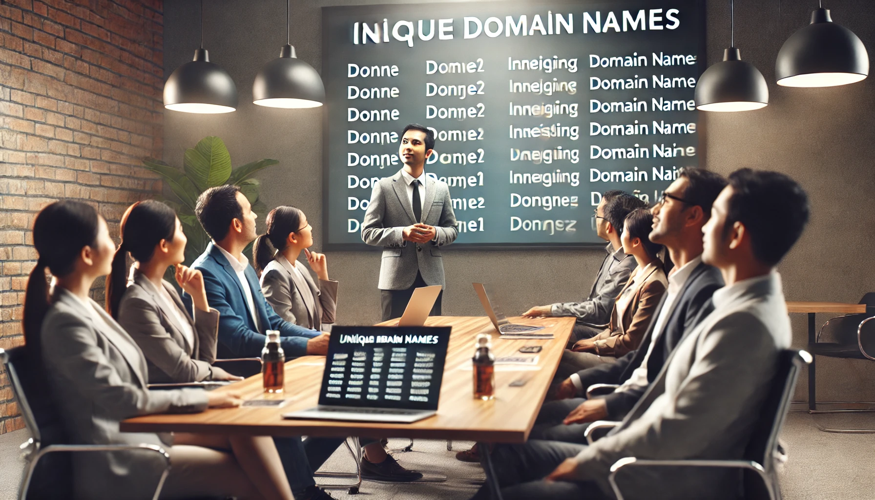 Seorang ahli pemasaran digital asal Indonesia yang sedang memberikan presentasi tentang nama domain unik kepada sekelompok pengusaha