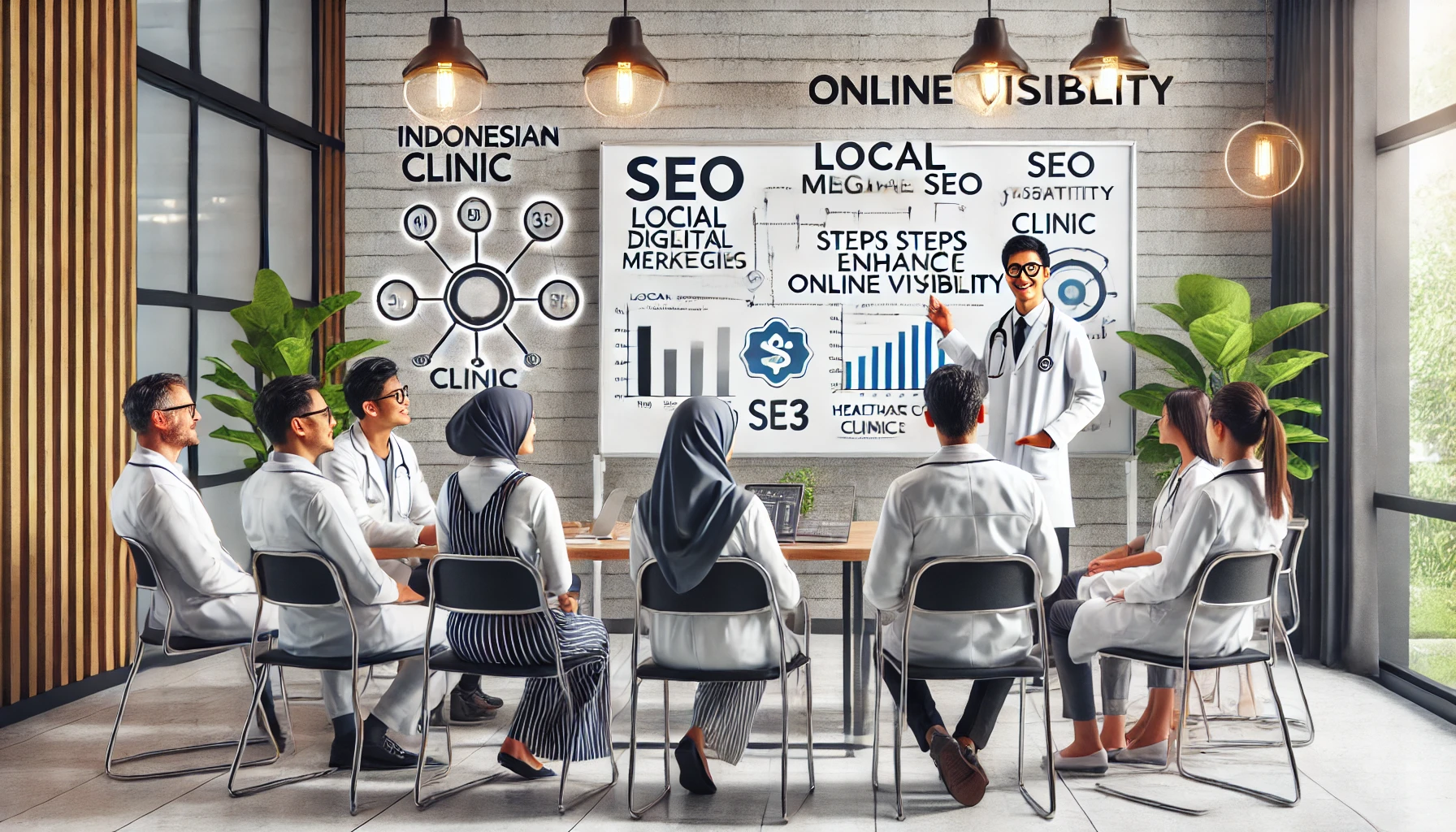 Seorang ahli pemasaran digital asal Indonesia yang sedang menjelaskan strategi SEO lokal kepada tim klinik kesehatan