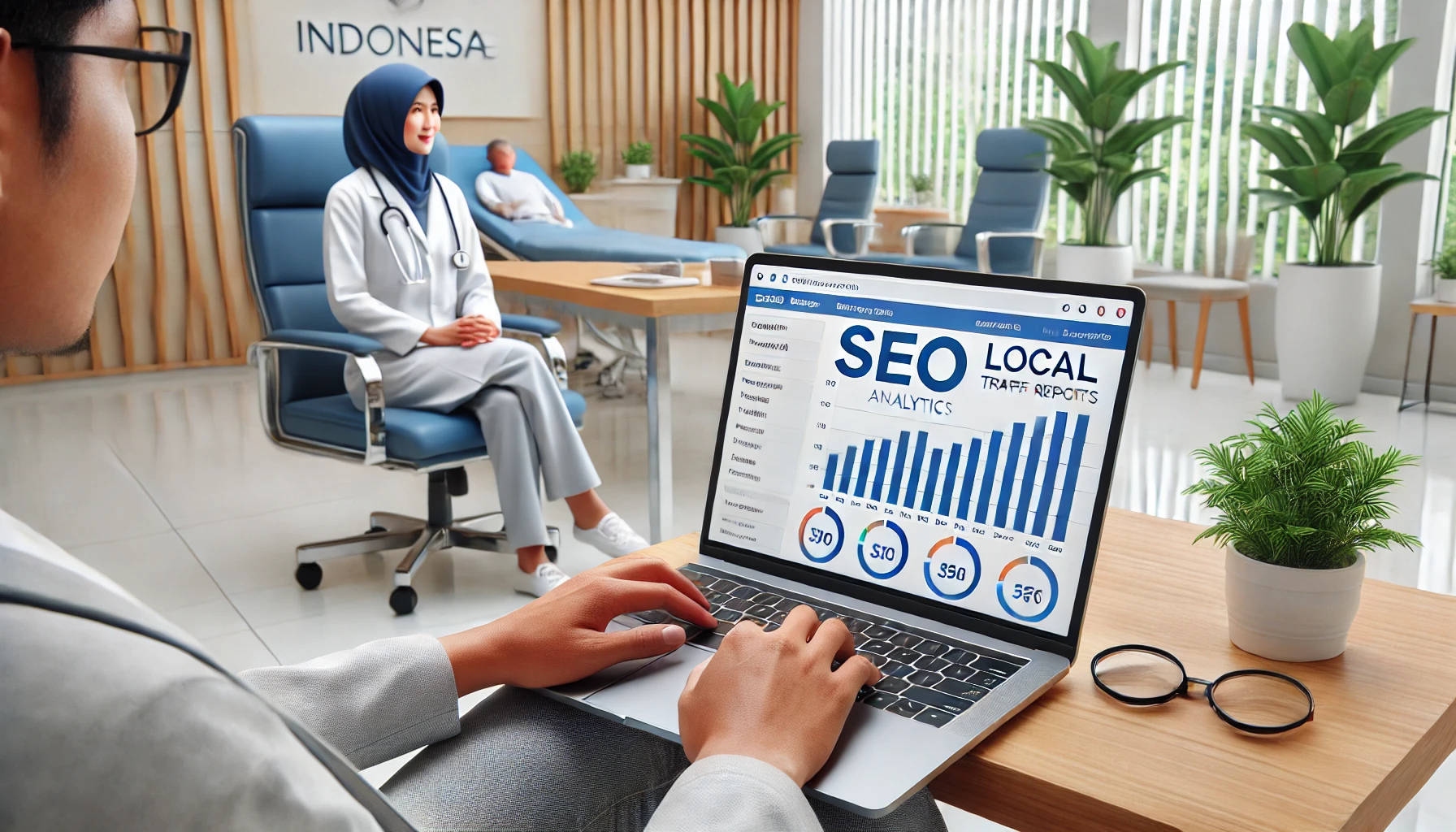 Seorang pemilik klinik kesehatan asal Indonesia yang sedang memeriksa laporan analitik SEO di laptopnya