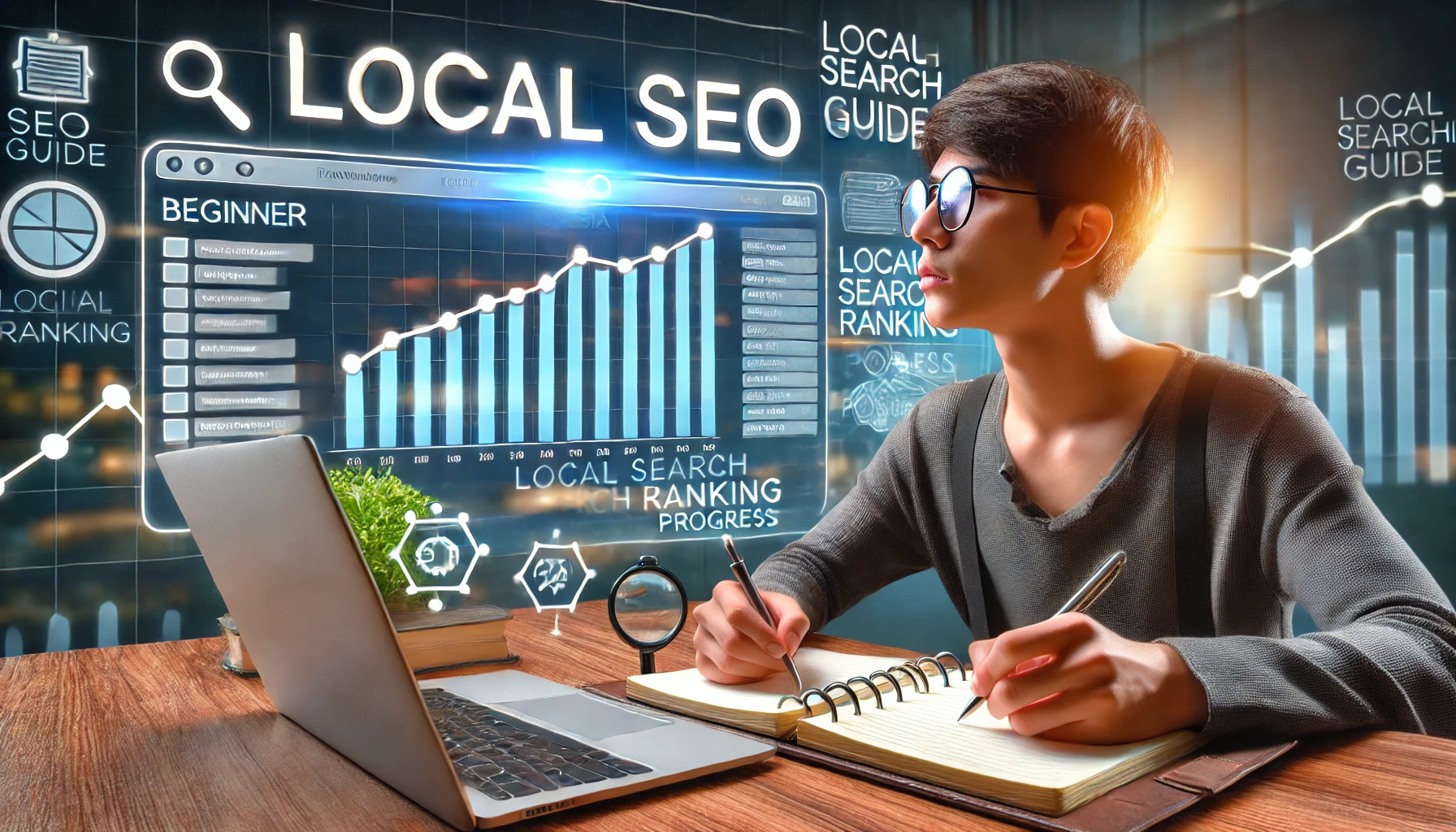 Seorang pemula asal Indonesia yang sedang mempelajari panduan Local SEO di depan laptop