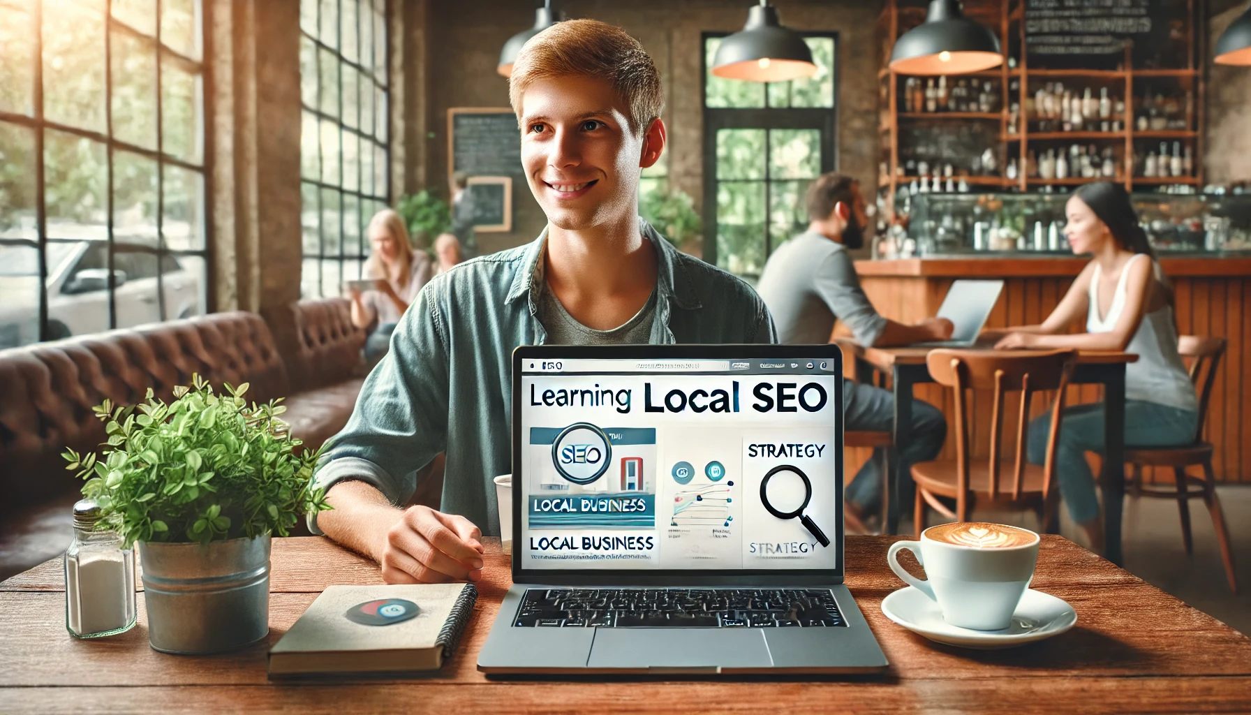 Seorang pemula yang belajar Local SEO di kafe modern, dengan suasana yang nyaman dan orang-orang yang bekerja di sekitar