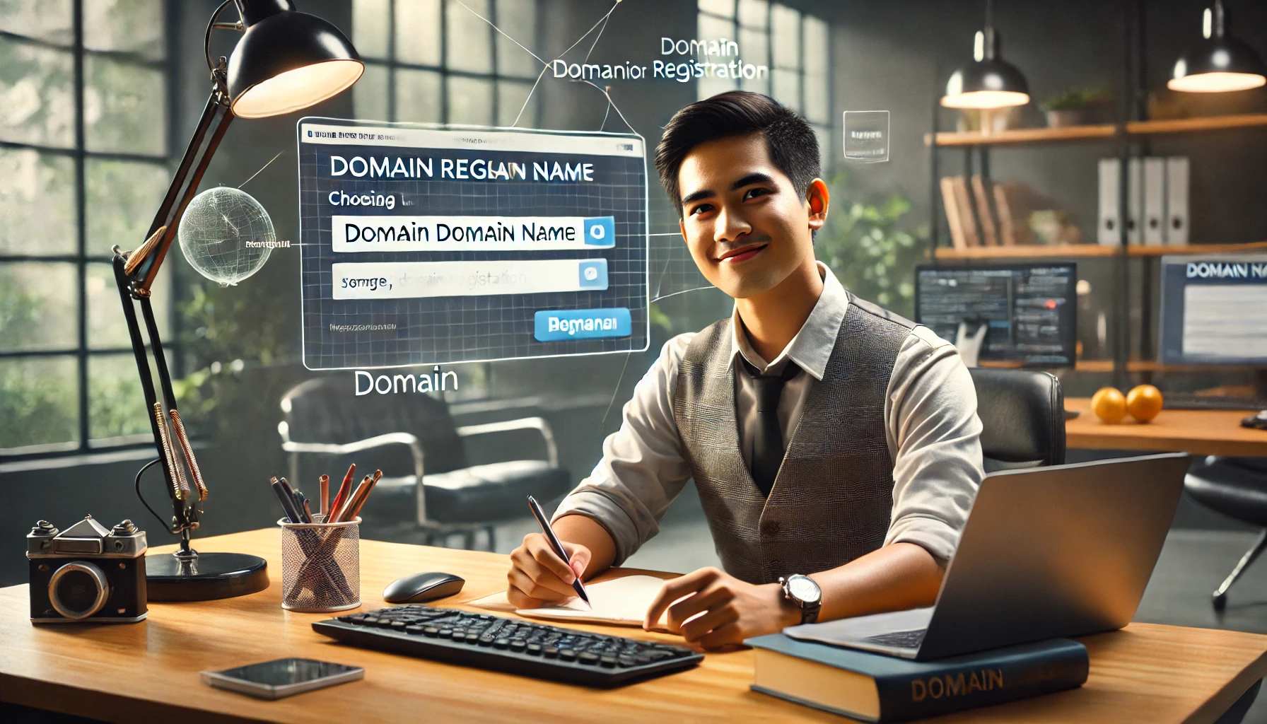Seorang pengusaha muda asal Indonesia yang sedang duduk di depan komputer, dengan layar menampilkan situs web pendaftaran domain