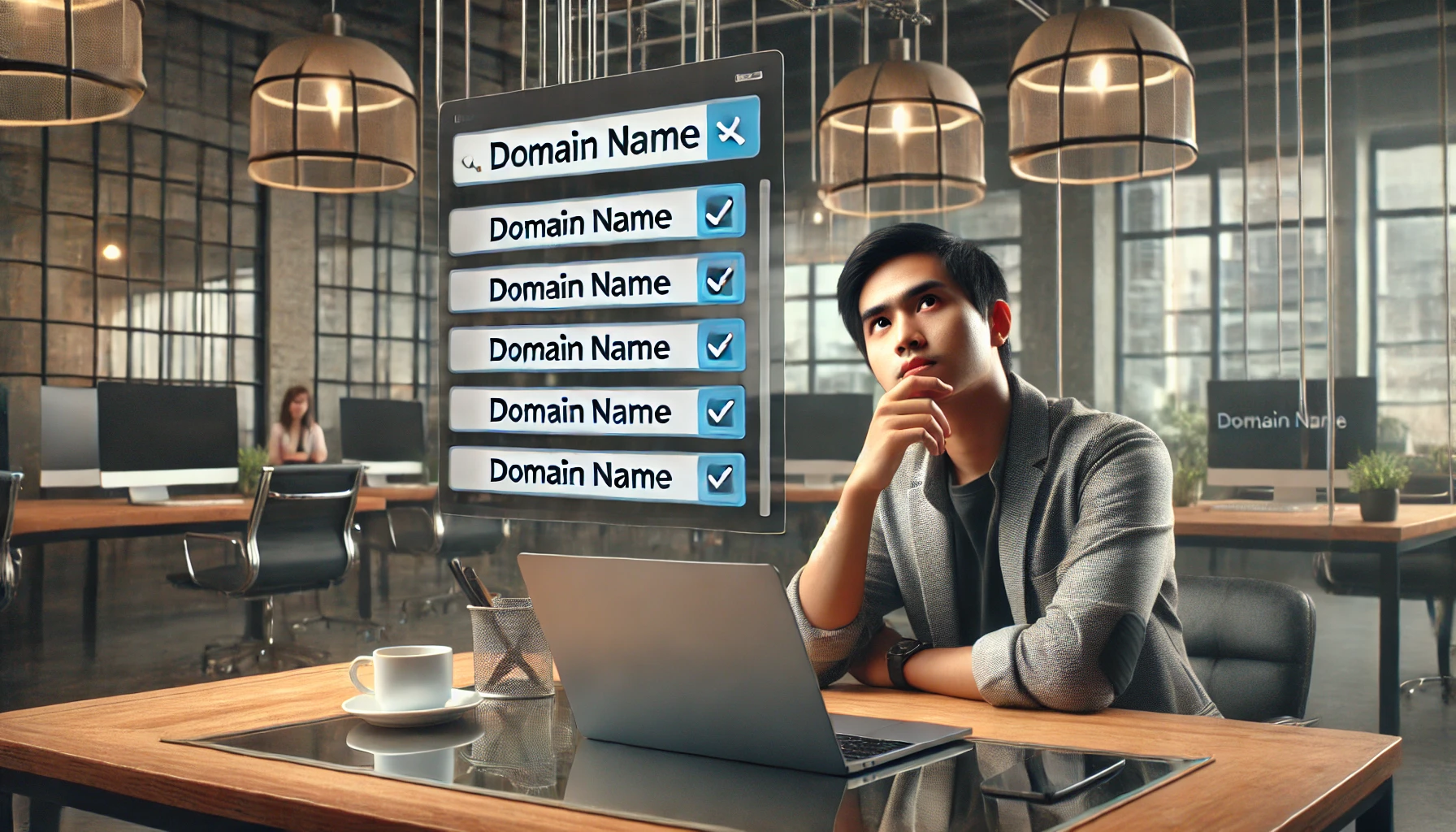 Seorang pengusaha muda asal Indonesia yang sedang merenungkan pilihan nama domain untuk website-nya