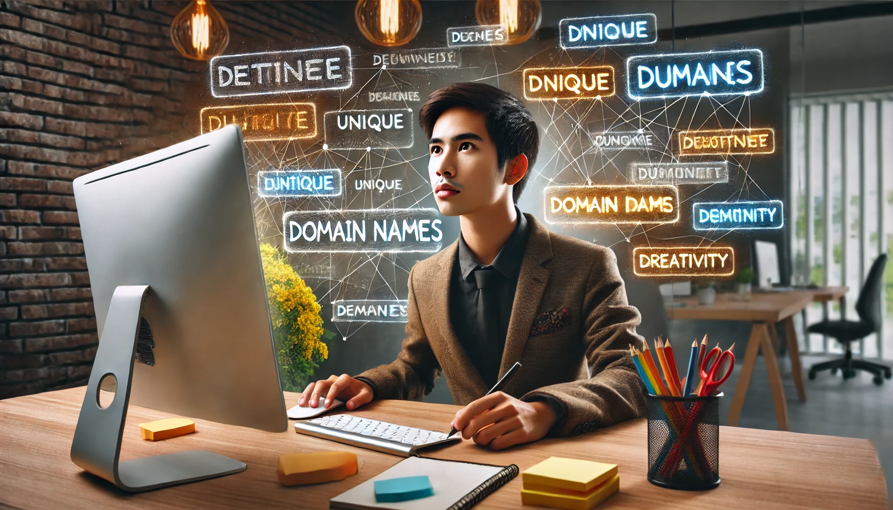 Seorang pengusaha muda yang sedang brainstorming di depan komputer dengan suasana kantor yang modern dan inspiratif