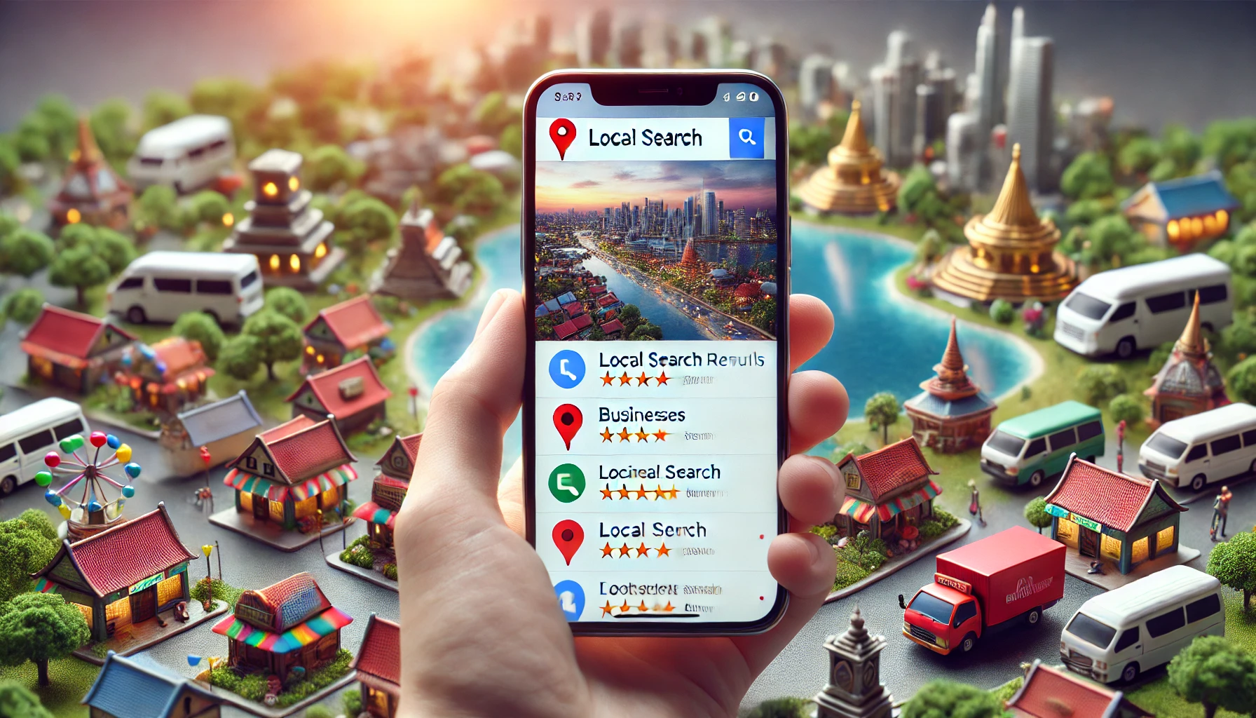 Tampilan smartphone dengan hasil pencarian lokal di Google, menyoroti bisnis yang muncul di peta dan ulasan positif