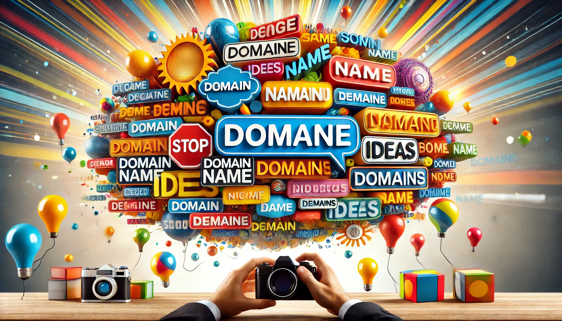 Visualisasi kreatif dari berbagai ide nama domain dalam bentuk balon kata yang berwarna-warni
