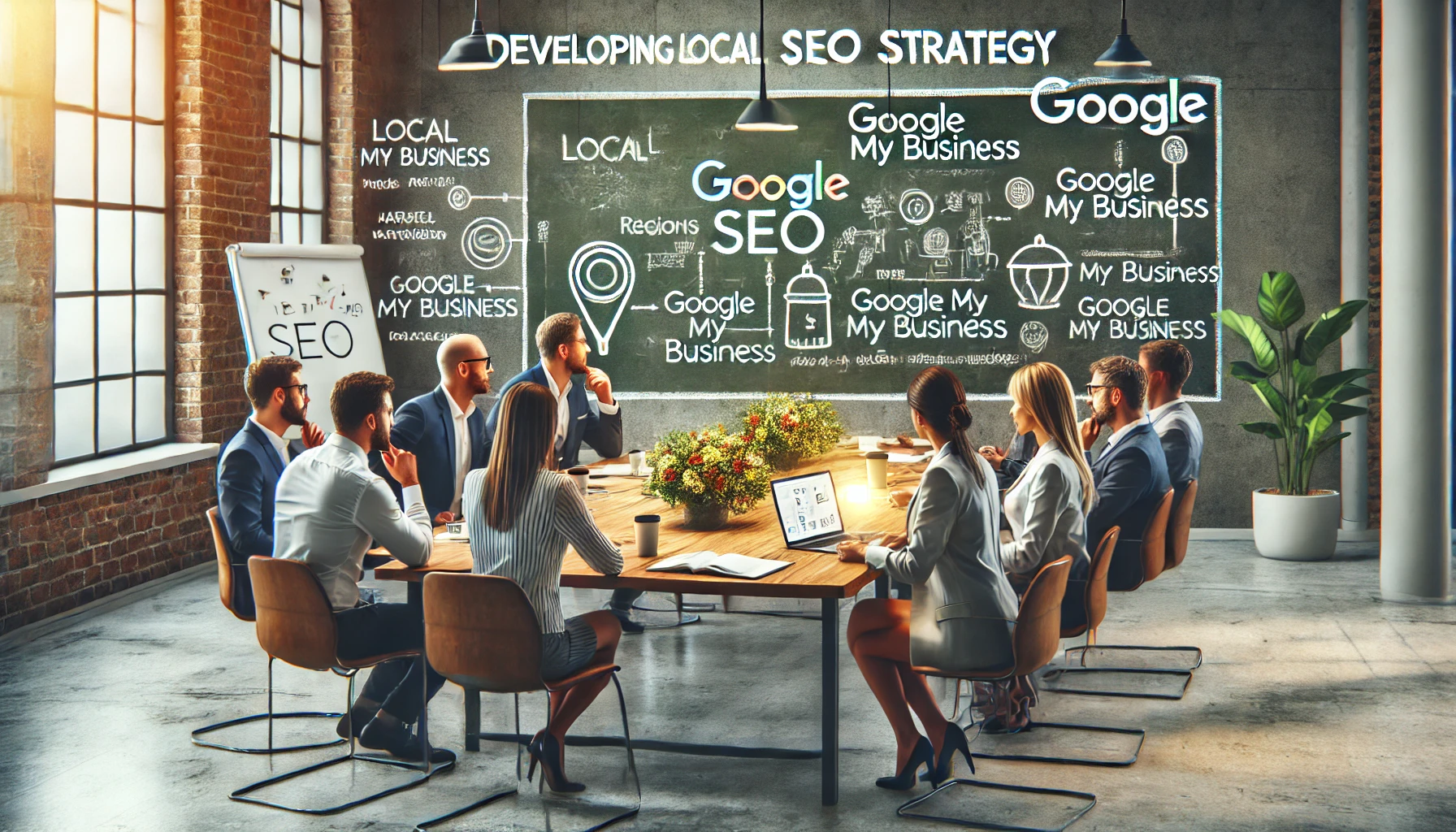 Visualisasi tim pemasaran dari berbagai daerah yang sedang merencanakan strategi Local SEO